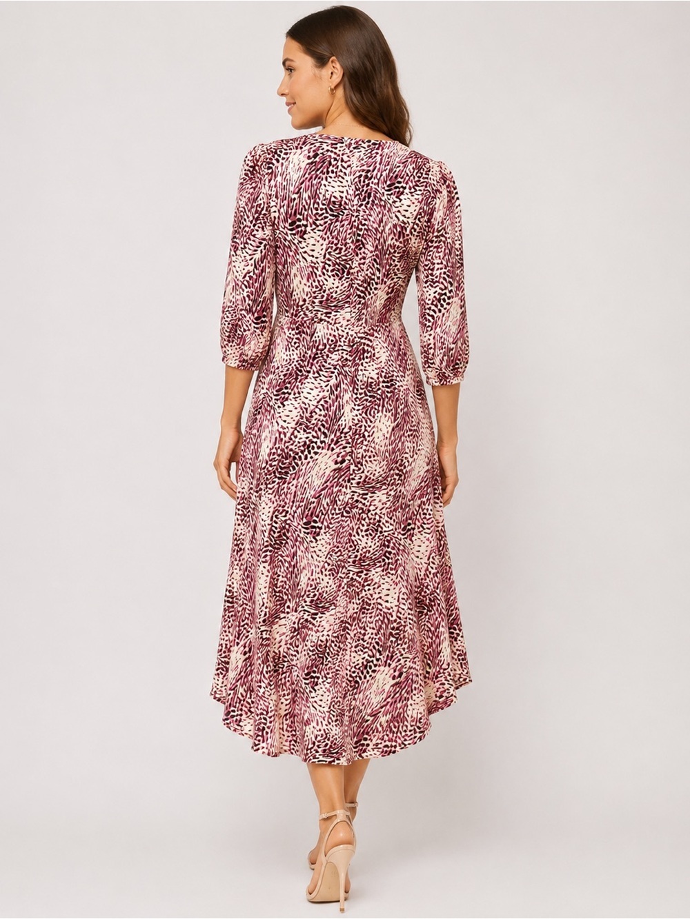 Express Abstract Animal Print Ruched High-Low Midi Dress - Picture 2 of 6
